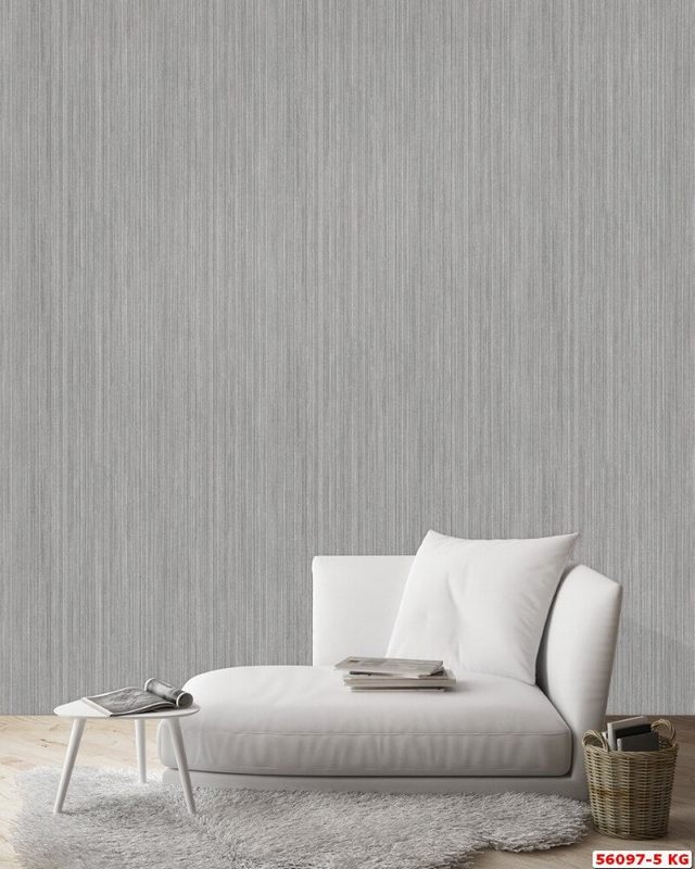 Phối cảnh không gian nội thất hiện đại được trang trí bằng sản phẩm giấy dán tường hiện đại màu xám đậm vân kẻ sọc cao cấp này